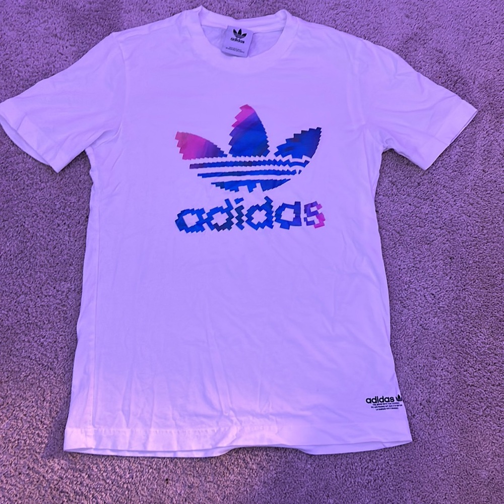 adidas blue and pink graphic tee size men’s small